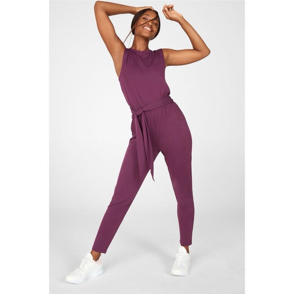 Fabletics Jumpsuit Womens Size XXS Carli Purple Belted Sleeveless Knit Stretch